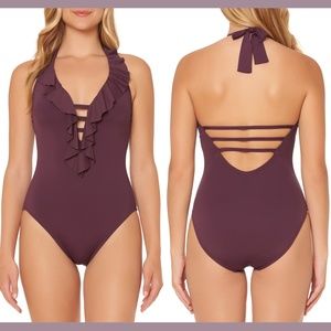NWT $119 BLEU by Rob‎ Beattie Halter One-Piece Swimsuit Aubergine [SZ 4 ]